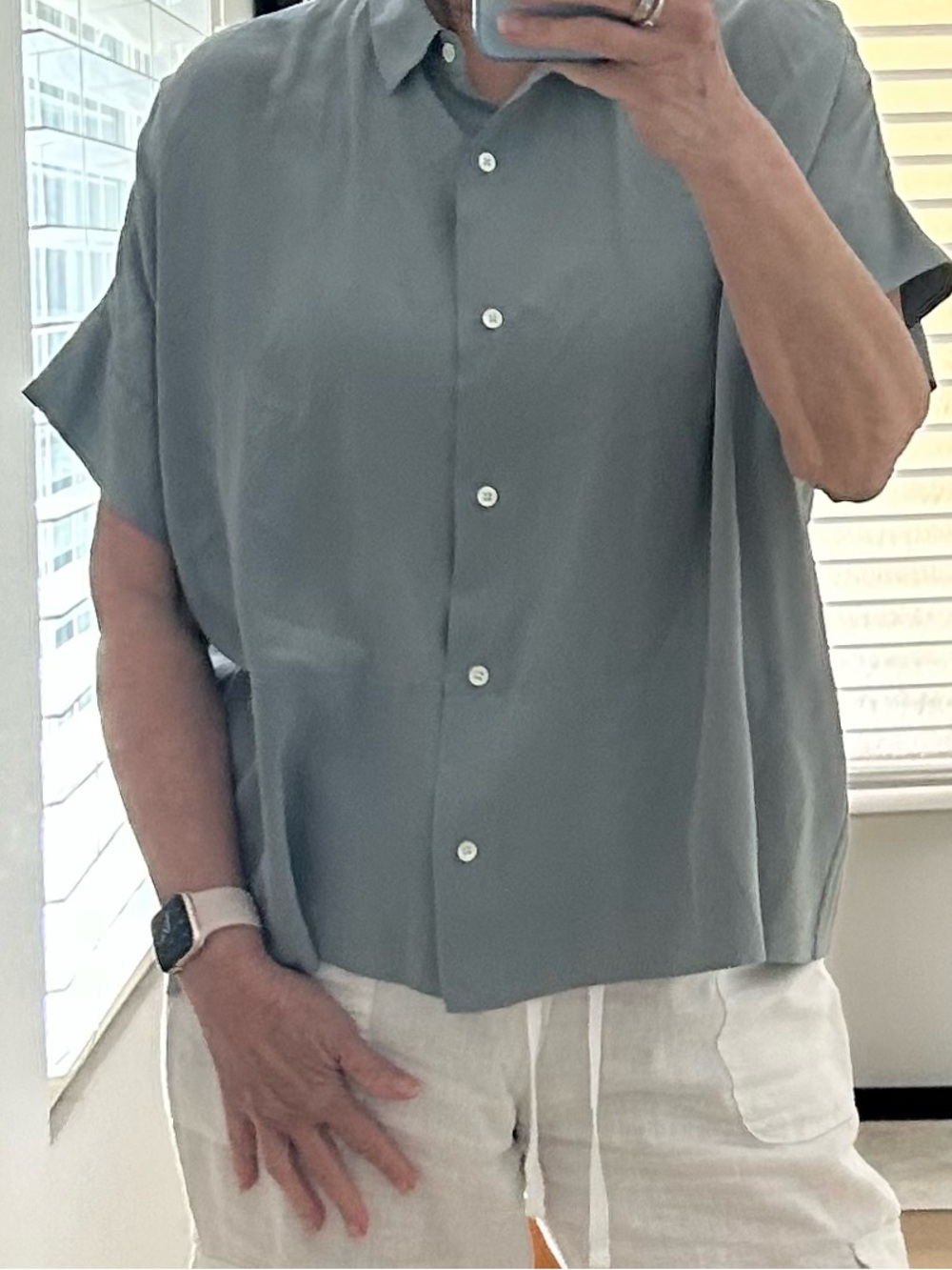 Women’s Short-Sleeve Button-Up Boxy Shirt in Slate Gray 4